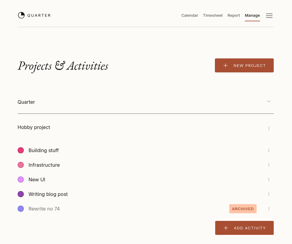 Manage project and activities screenshot
